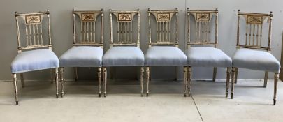 A set of six Sheraton style painted dining chairs, width 46cm, depth 42cm, height 93cm.