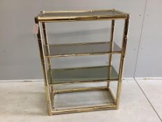 A Contemporary faux bamboo gilt metal four tier open shelf unit, width 76cm, depth 39cm, height