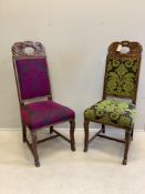 A pair of Victorian carved oak dining chairs, height 110cm. Condition - good
