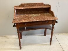 A late 19th century French mahogany marble top washstand, width 90cm, depth 50cm, height 104cm.
