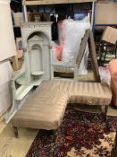 A Victorian corner settee, the mirrored painted back with central niche, width 184cm, depth 130cm,