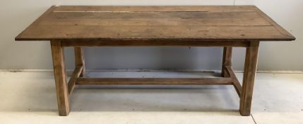 A 19th century French oak farmhouse table, width 198cm, depth 76cm, height 71cm. Condition - poor to