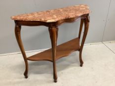 A reproduction walnut serpentine front marble top console table, width 100cm, depth 36cm, height