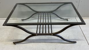 A Contemporary wrought iron rectangular glass top coffee table, width 120cm, depth 70cm, height