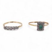 An 18ct and plat. five stone diamond set half hoop ring, size V together with a yellow metal emerald