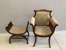 An Edwardian marquetry inlaid mahogany elbow chair together with an 'X' framed stool. Condition - fa