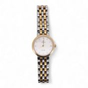 A lady's steel and gold plated Omega de Ville quartz wrist watch, with baton and quarterly Roman num