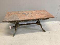 A rectangular marble topped brass coffee table, width 117cm, depth 58cm, height 46cm. Condition - go