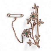 An early 20th century 9ct, seed pearl and emerald cluster set floral spray brooch, 45mm, gross weigh