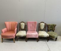 A pair of inlaid Edwardian salon chairs, a Victorian nursing chair and two others. Condition - fair