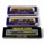 Three boxed Dapol and Graham Farish N gauge railway class 66 diesel-electric locomotives; Freightlin