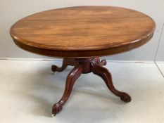 A Victorian circular mahogany tilt top breakfast table, diameter 118cm, height 77cm together with a