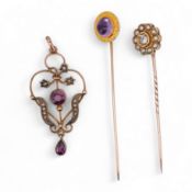 An Edwardian 15ct, diamond and seed pearl cluster set stick pin, 54mm, a similar yellow metal and ca