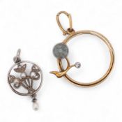 An early 20th century yellow metal, diamond chip and seed pearl set drop pendant, overall 23mm, toge