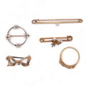 Five assorted items of jewellery including an early 20th century yellow metal and seed pearl set aco