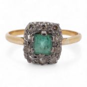 An early to mid 20th century yellow metal, emerald and diamond set rectangular cluster ring, size R,