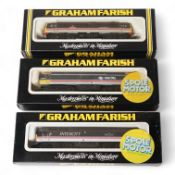 Three boxed Graham Farish N gauge railway locomotives in BR Intercity livery; a class 47 47487 (8026