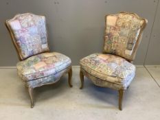 A pair of French painted beech salon chairs, width 52cm, height 80cm. Condition - fair