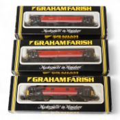 Three boxed Graham Farish N gauge railway locomotives in Virgin Trains livery; a class 47 Graham Far