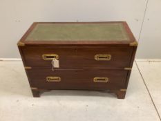 A military style mahogany leather topped two drawer chest, width 76cm, depth 36cm, height 52cm. Cond