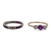 A yellow metal, stamped 18ct, ruby and diamond set three stone ring, size W, together with a yellow