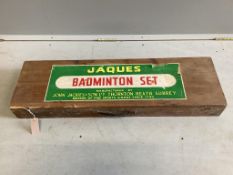 A vintage Jaques Badminton Set, pine cased. Condition - poor