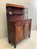 A Regency ebony strung mahogany chiffonier, width 92cm, depth 39cm, height 138cm. Condition - fair
