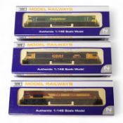 Three boxed Dapol N gauge railway class 66 diesel-electric locomotives; Freightliner 66540 (ND-049),