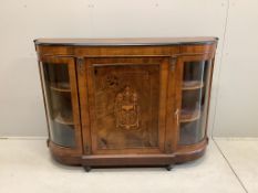 A Victorian gilt metal mounted marquetry inlaid walnut breakfront side cabinet, width 149cm, depth 3