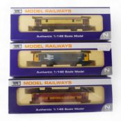 Three boxed Dapol N gauge railway Class 73 electro-diesel locomotives; 73101 The Royal Alex (ND-011b