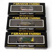 Three boxed Graham Farish N gauge railway Class 08 diesel locomotives; 08585 (371006), 08800 (371005