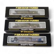 Three boxed Graham Farish N gauge railway BR locomotives; two Castle Class, 7033 Hartlebury Castle (