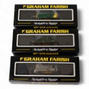 Three boxed Graham Farish N gauge railway Class 08 diesel locomotives; 08585 (371006), 13365 (371003