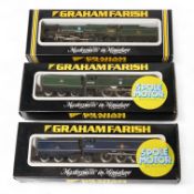 Three boxed Graham Farish N gauge railway BR locomotives; Rebuilt Battle of Britain Class 602 Squadr