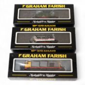 Three boxed Graham Farish N gauge railway diesel locomotives; Class 08, 08800 (371005), Class 08, 13