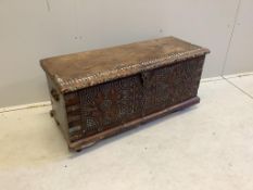 A Zanzibar type studded hardwood trunk, width 92cm, depth 36cm, height 43cm. Condition - fair