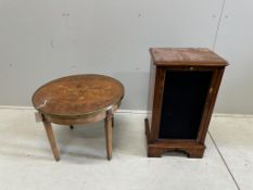 A French Transitional style circular marquetry inlaid coffee table, diameter 59cm, height 46cm toget