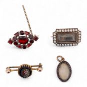 Three assorted Victorian brooches including a 9ct and garnet cluster by Murrle Bennett & Co, 27mm, a