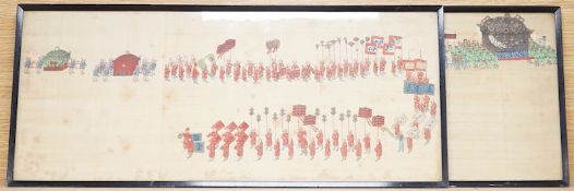 Chinese School, Figural processions, pair of watercolours on silk, 26 x 64cm