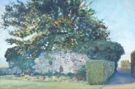 Dom Ramos (b.1966), ‘Priory Wall’, signed, oil on canvas, 28 x 43cm