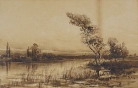 John Terris (1865-1914), Riverscape, sepia ink and wash, signed, 16 x 24cm