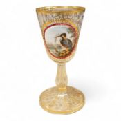 A Bohemian enamelled, overlaid and jewelled goblet, late 19th century, decorated with a Kingfisher g