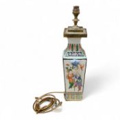 A Chinese famille rose square vase, early 20th century, mounted as a lamp, 37cm high not including l