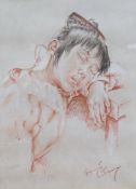 Franco Matania (Italian, 1922-2016), Study of a sleeping girl, signed, sanguine chalk, 38 x 28cm