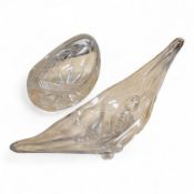 A 1950’s-60’s free form glass vase and a heavy cut glass navette shaped bowl, free form vase 62cm wi