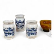 Three 18th century Delft blue and white drug jars; extract of rhubarb, Myrobol, and Conf. Hiacintor,