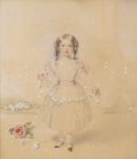 Mid 19th century English School, Full length portrait of a young girl with flowers, pencil and heigh