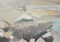 Abstract lndscape with cottage, unsigned, oil on board, 40 x 54cm