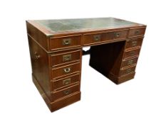 A reproduction brass mounted yew pedestal desk, width 121cm, depth 60cm, height 76cm