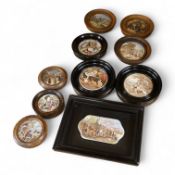 Ten various pot lids, including a rectangular shaped pot lid and frame; Wouvermann Pinx. 15cm wide n